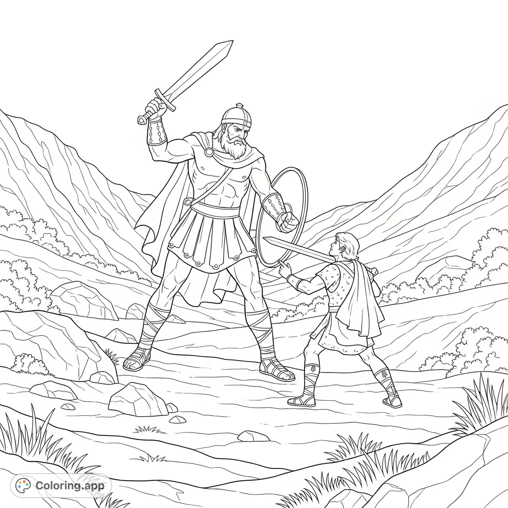 A David and Goliath coloring page depicting the epic clash between the young hero and the giant warrior wielding a mighty sword in a dramatic valley setting.