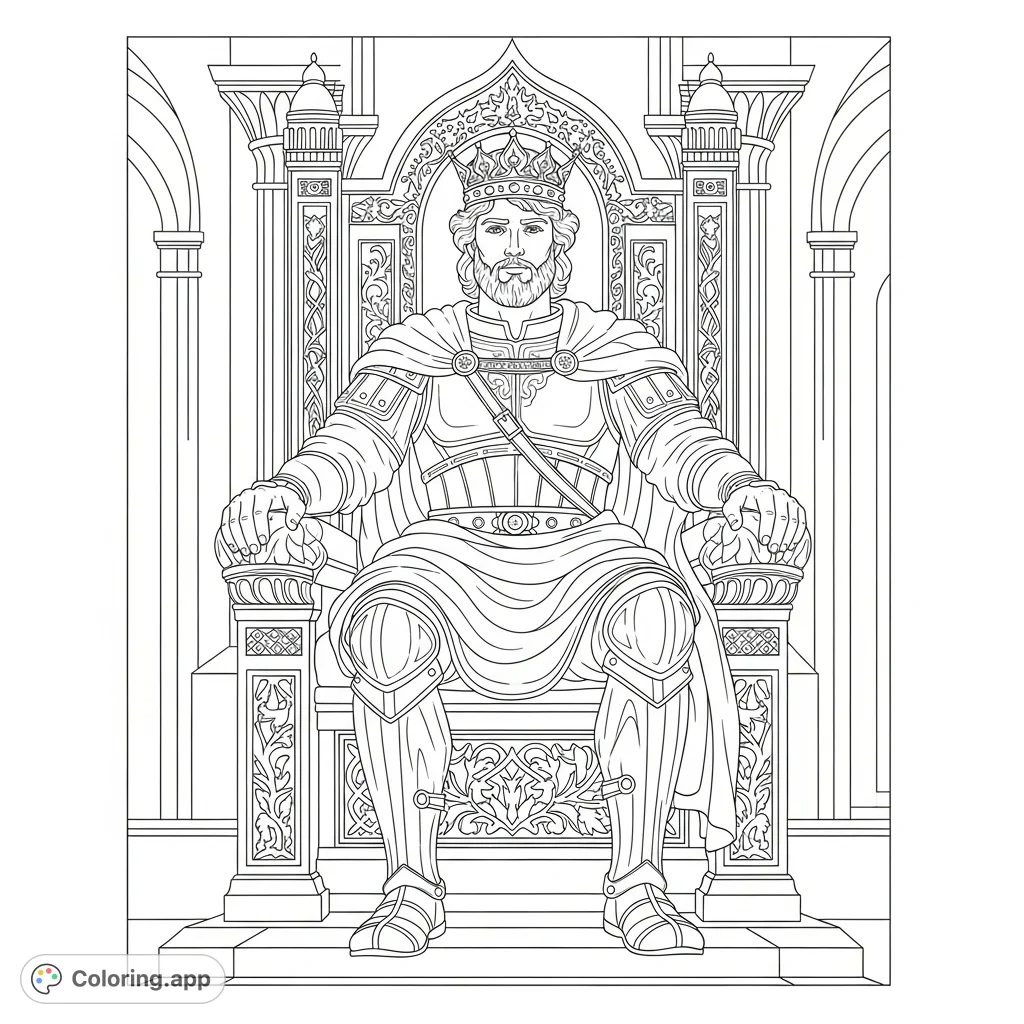 A regal King David, adorned in armor and a crown, sits majestically on an ornate throne. This detailed coloring page captures the essence of a powerful ruler.