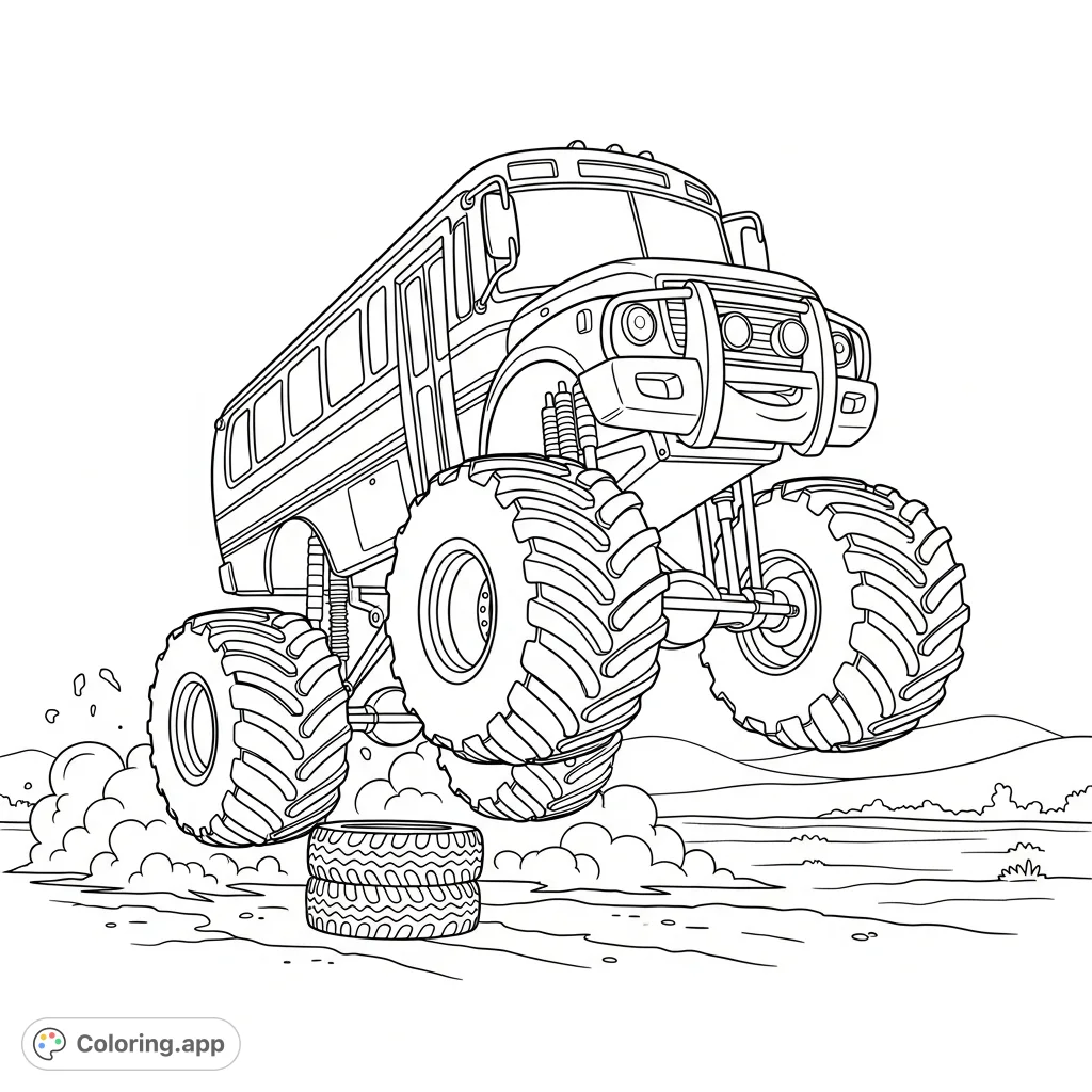 A thrilling monster bus coloring page, ready for action! This free printable coloring page features a monster bus playing, soaring over obstacles.