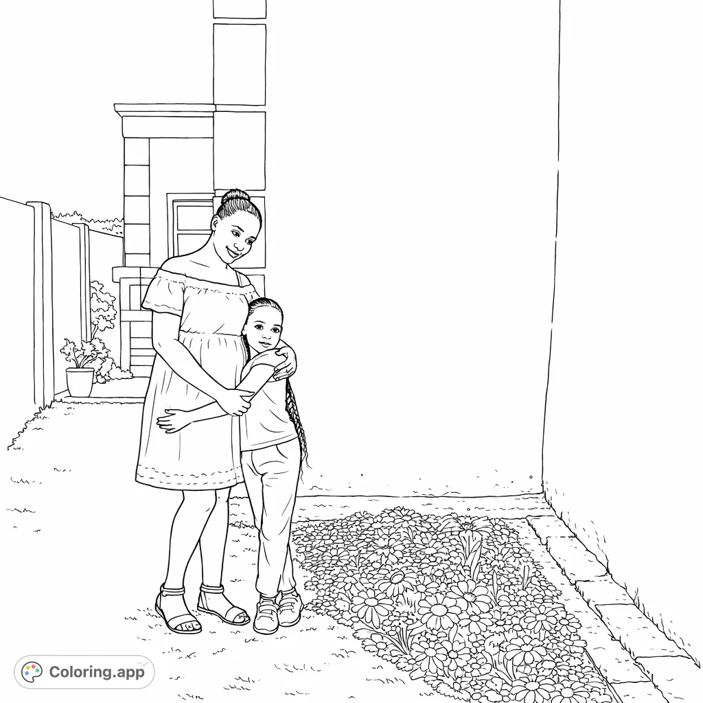 A heartwarming family scene: a mother and daughter embrace in a vibrant garden with blooming flowers and green grass. A beautiful moment to color and cherish.