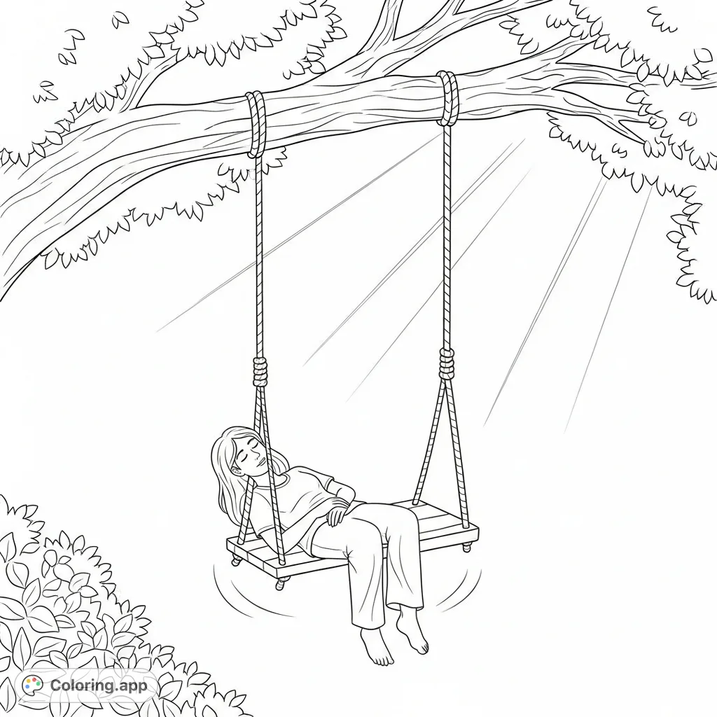 A serene people coloring page featuring a solo person sleeping peacefully on a swing under a warm, sun-drenched sky, offering relaxation.