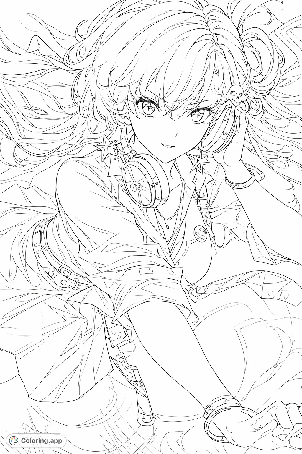 Dive into this dynamic anime girl coloring page featuring a stylish character with headphones and flowing hair amidst an energetic, abstract background. Perfect for fans!