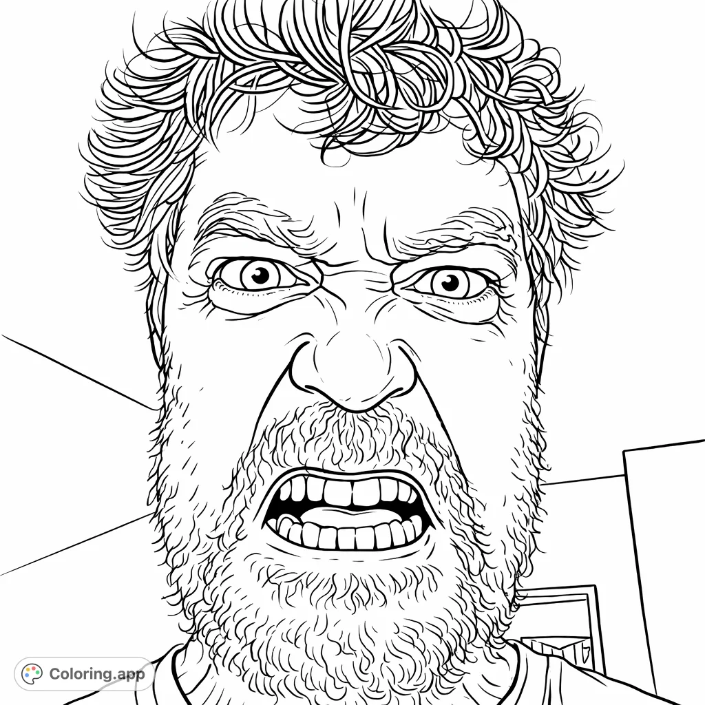 Expressive close-up of a person's face with a dramatic, intense expression. Features wide eyes, furrowed brows, and an open mouth, inviting bold artistic interpretation.