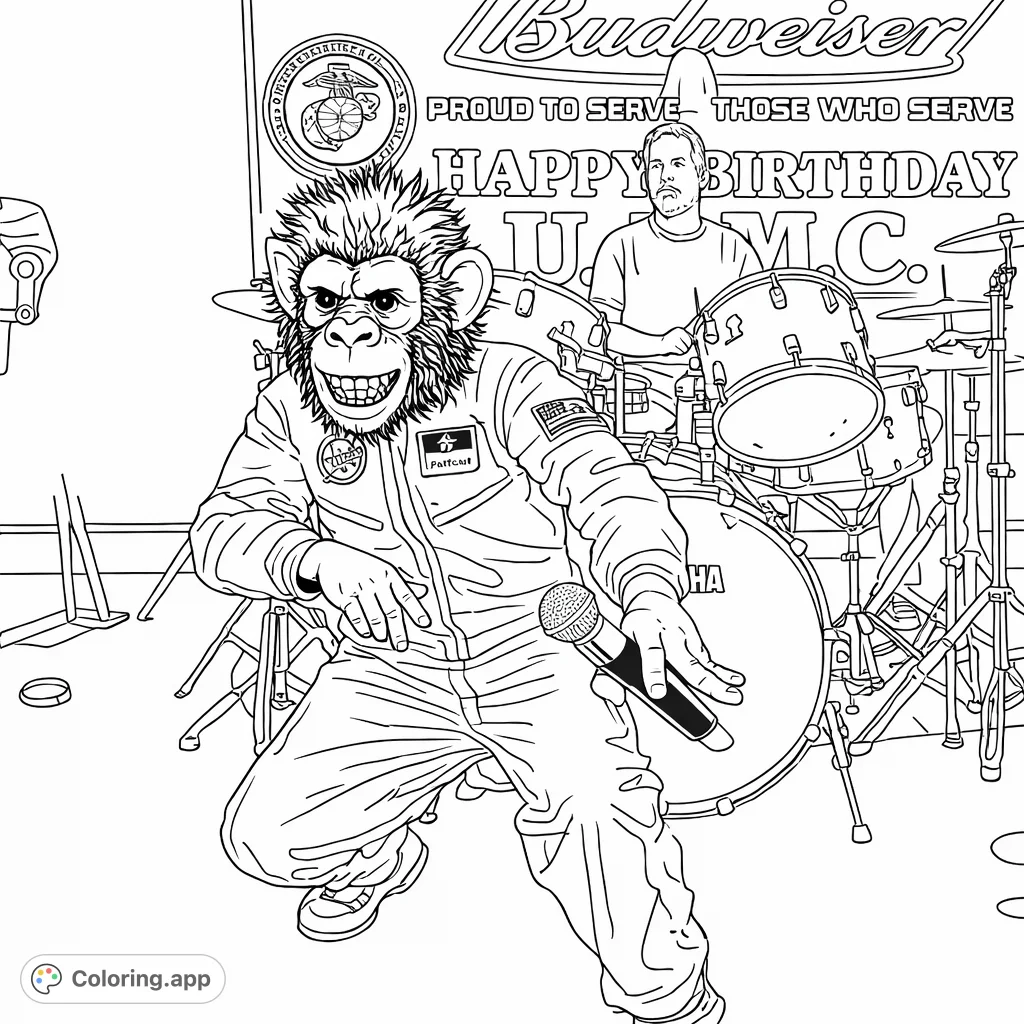 A unique astronaut monkey character takes center stage, mic in hand, with a drummer and a festive banner in the background. A fun, whimsical coloring adventure!