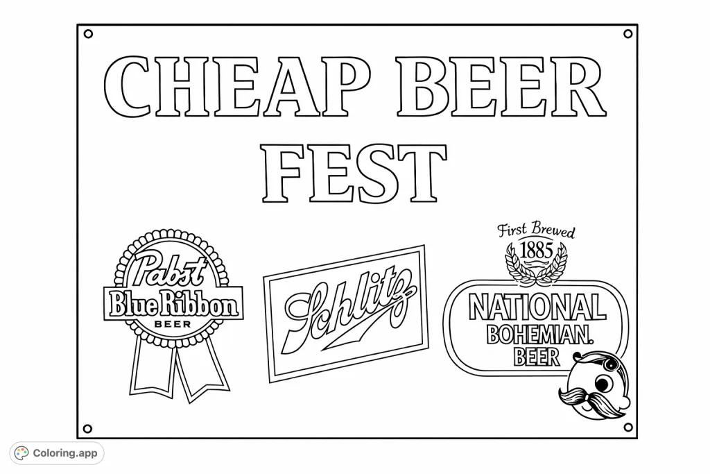 A lively banner featuring classic beer brand logos and the 'Cheap Beer Fest' title, perfect for adult coloring enthusiasts seeking nostalgic themes.