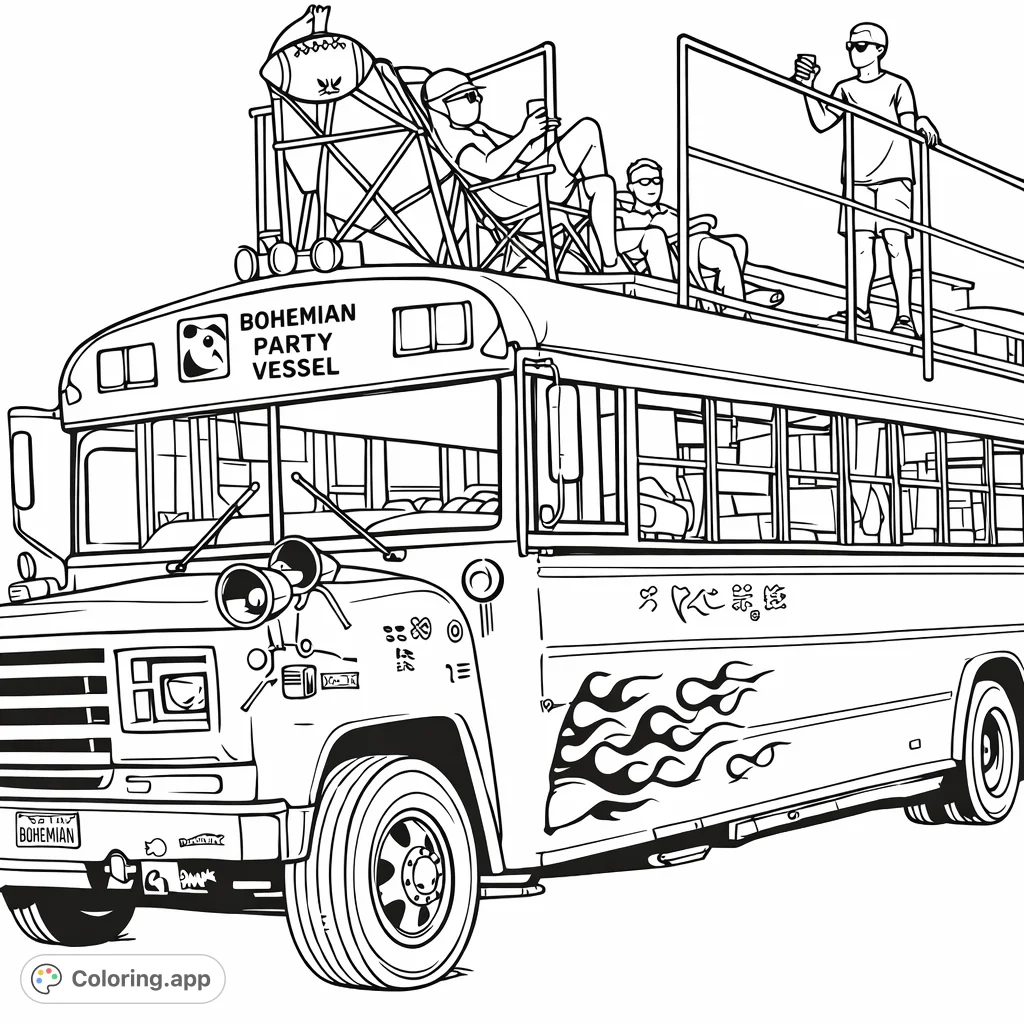 Color a unique Bohemian Party Bus with rooftop revelers, intricate flame decals, and a whimsical sign. Unleash your creativity on this custom vehicle scene.