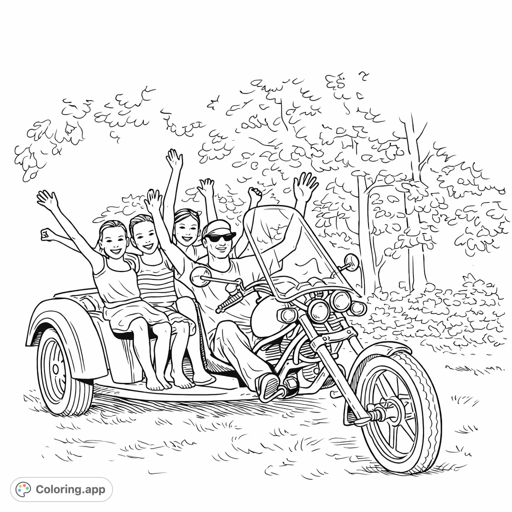 A joyful group enjoys a fun trike ride with arms raised in excitement. Perfect for an adventure-themed coloring page, capturing group fun outdoors.