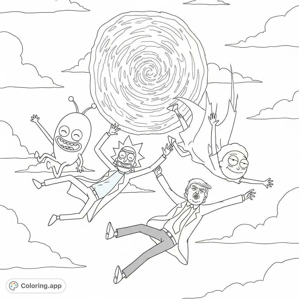 Rick, Morty, Donald Trump, and Mr. Meeseeks tumble from a swirling portal in the sky.