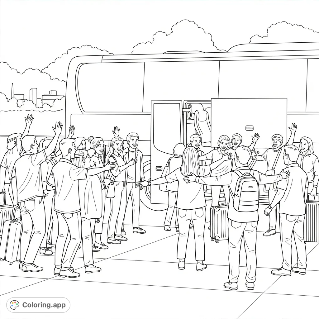 A heartwarming scene of people joyfully greeting family and friends as they disembark a bus, complete with smiles, waves, and luggage. A beautiful reunion.