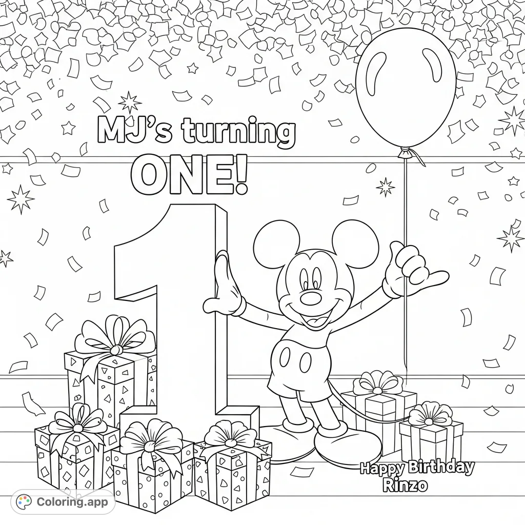 " text, gifts, confetti, and stars.