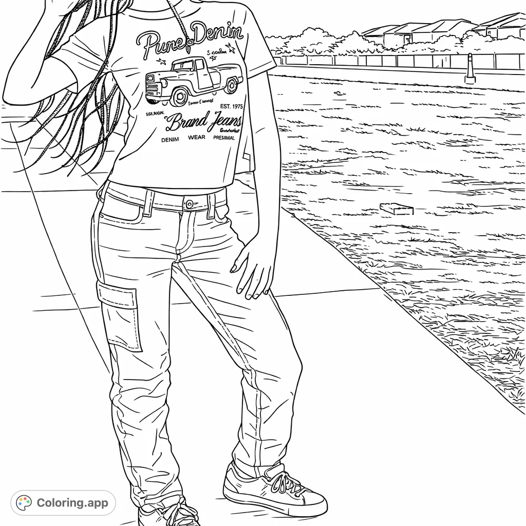 Capture modern street style with this fashion coloring page. Featuring a person in trendy cargo pants and a graphic tee, ready for your creative touch.