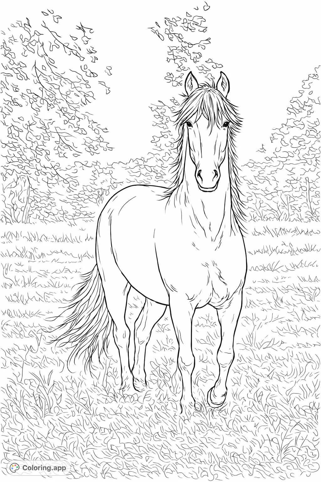 Capture the grandeur of a magnificent horse standing in a sun-dappled field. This serene horse coloring page invites creativity for all ages.