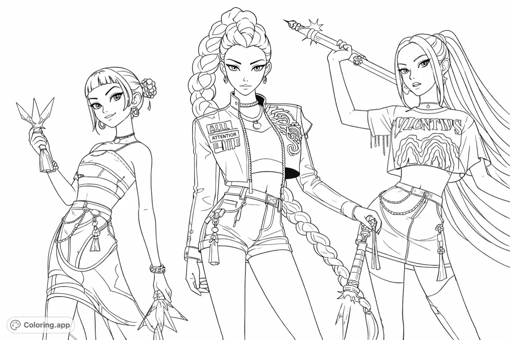 A dynamic trio of stylized warrior women, each with unique outfits and weapons, posed against a sparkling backdrop, ready for action and adventure.