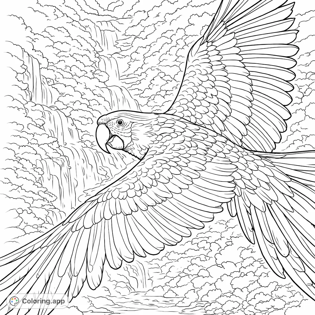 A magnificent macaw in mid-flight against a backdrop of a grand waterfall and lush jungle. Capture its intricate feathers and the natural beauty.