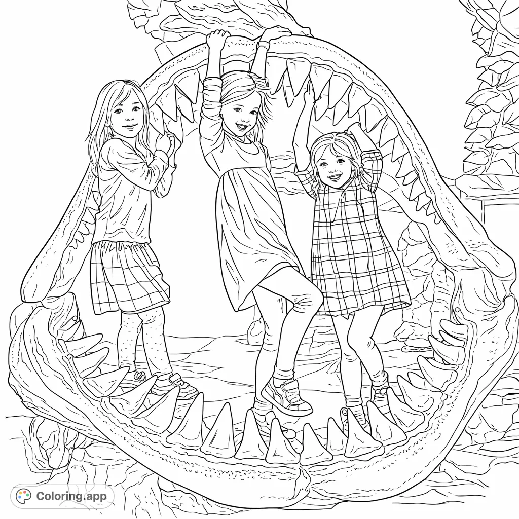 Three happy girls explore a giant shark jaw exhibit, posing amidst its formidable teeth. A playful and adventurous scene for young explorers.