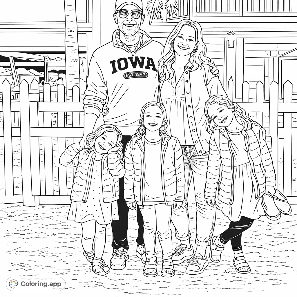 A cheerful family of five poses by a white picket fence on a sandy beach. Perfect for coloring happy memories and celebrating family bonds.