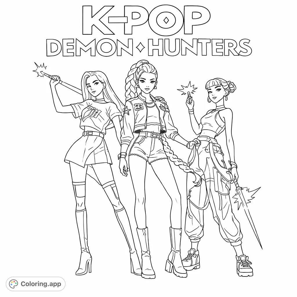 Unleash your creativity with this KPOP-inspired fantasy coloring page featuring three stylish demon hunter characters ready for action. Perfect for fans of anime and pop culture!