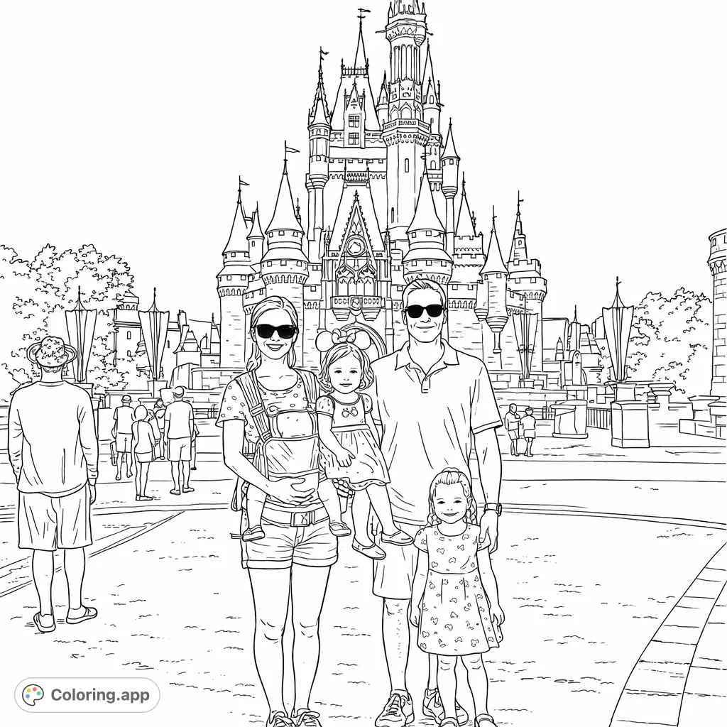 A delightful coloring page featuring a family of four posing before a majestic, detailed castle. Bring this enchanting scene to life with your favorite colors!