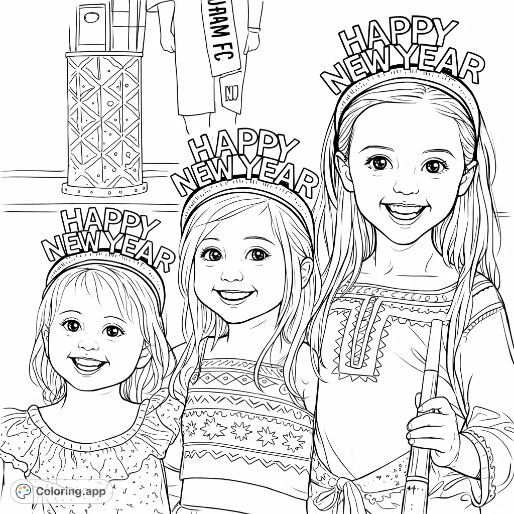 Three cheerful girls celebrate with 'Happy New Year' headbands and smiles. A festive, heartwarming scene perfect for celebrating new beginnings!