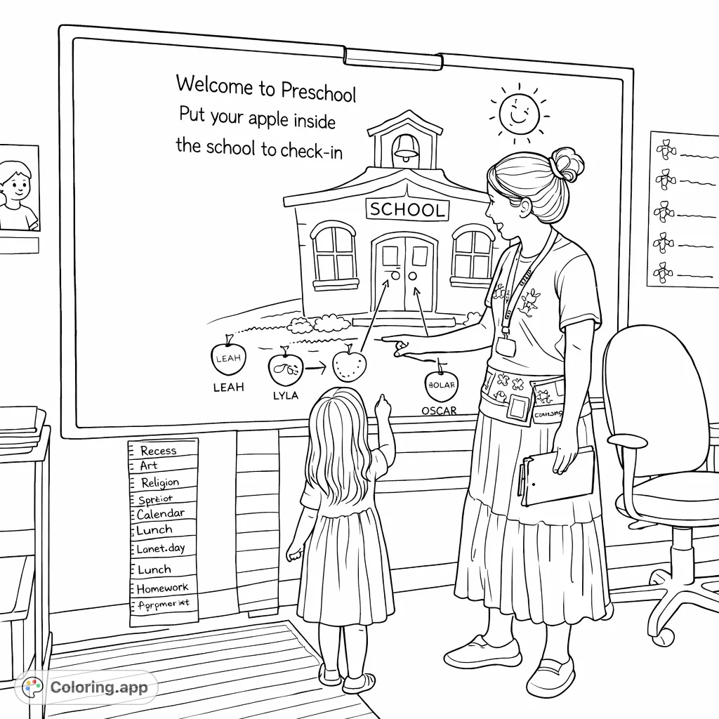 Engaging preschool interactive learning scene with a teacher and child. Features a charming schoolhouse, apple check-in, and classroom elements, perfect for young learners.