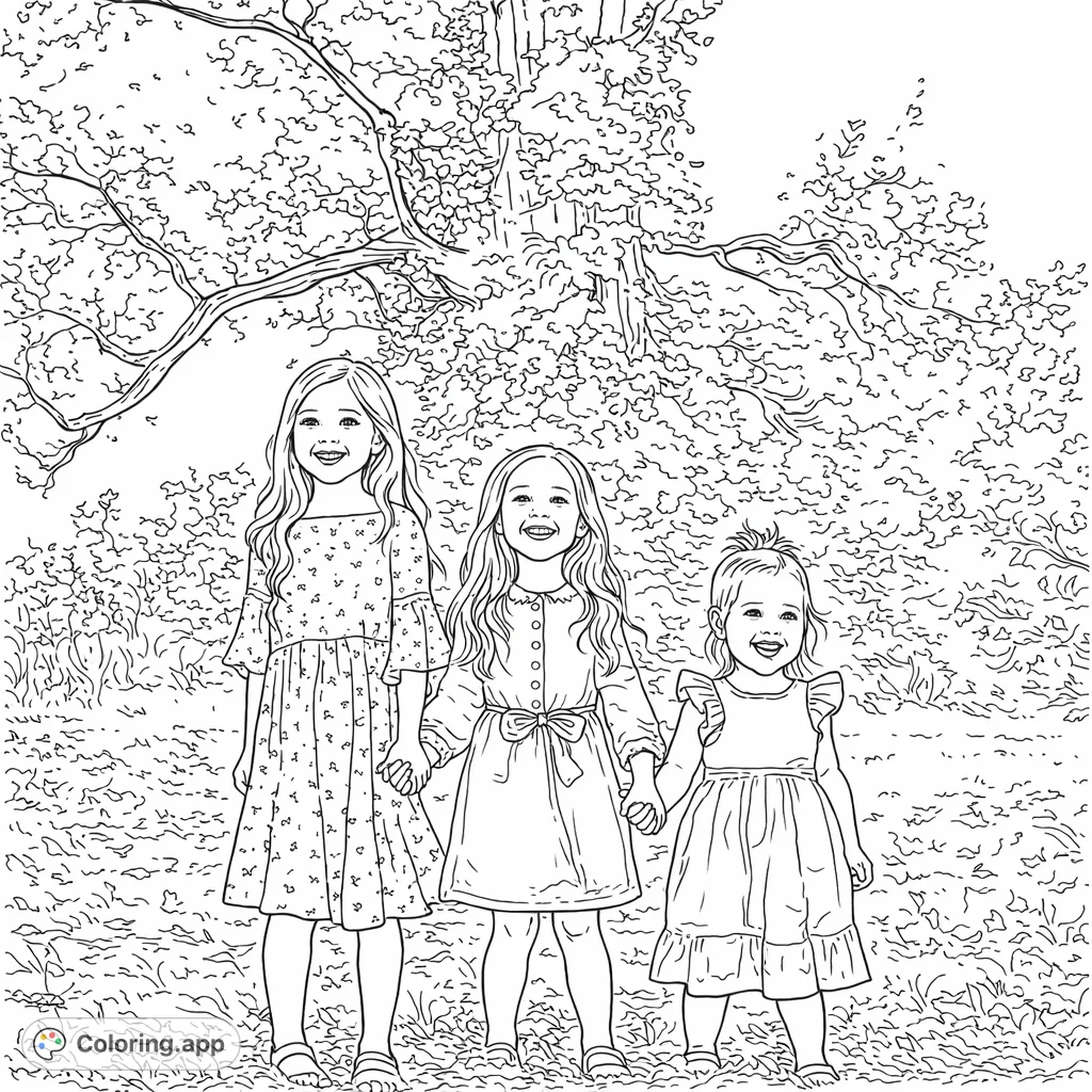 Three joyful girls stand hand-in-hand in a sunny field, featuring unique dresses and a serene natural backdrop. Perfect for kids and family fun.