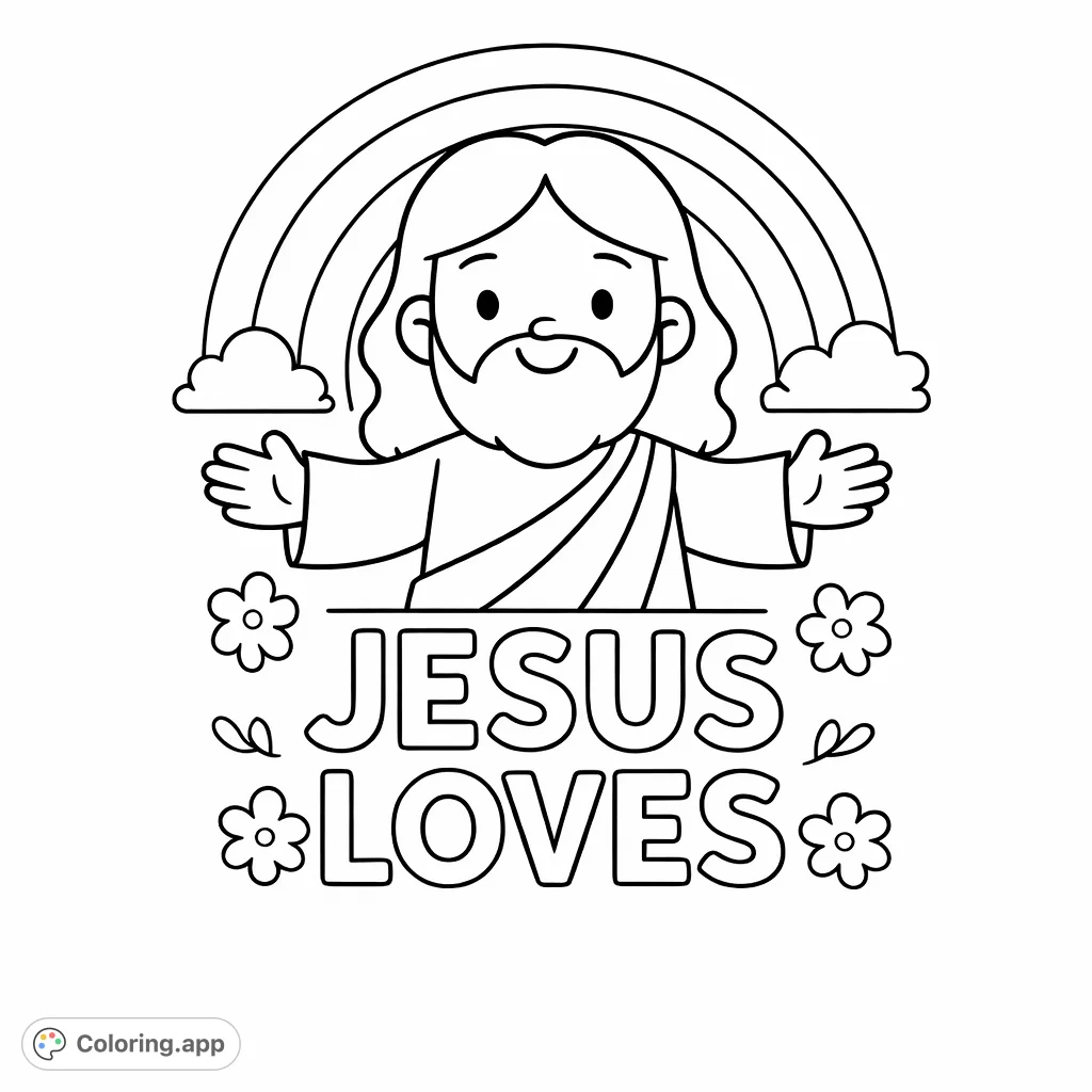 A heartwarming cartoon figure with outstretched arms under a rainbow, surrounded by cheerful floral designs, embodying warmth and acceptance.