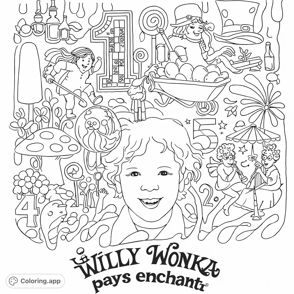 Dive into a fantastical world of sweets and whimsical characters! This Willy Wonka inspired coloring page is packed with imaginative details and delightful surprises.