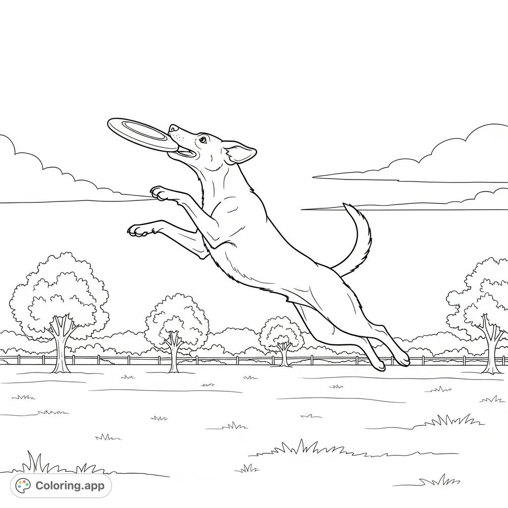 A dynamic dog leaps gracefully to catch a frisbee in a sunny park scene. This playful dog coloring page offers a fun challenge for all ages!