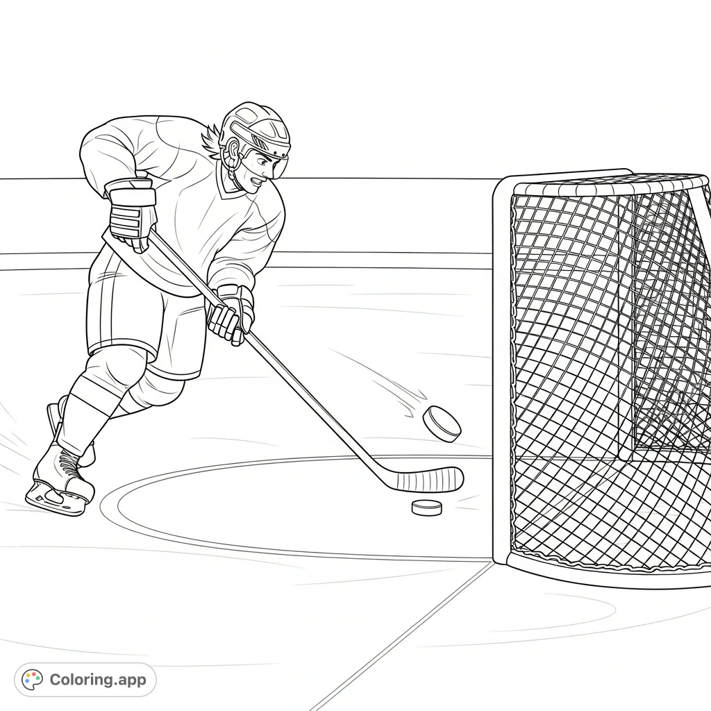 A thrilling hockey coloring page capturing a player mid-shot, sending the puck into the net for a game-winning goal. Perfect for sports fans!
