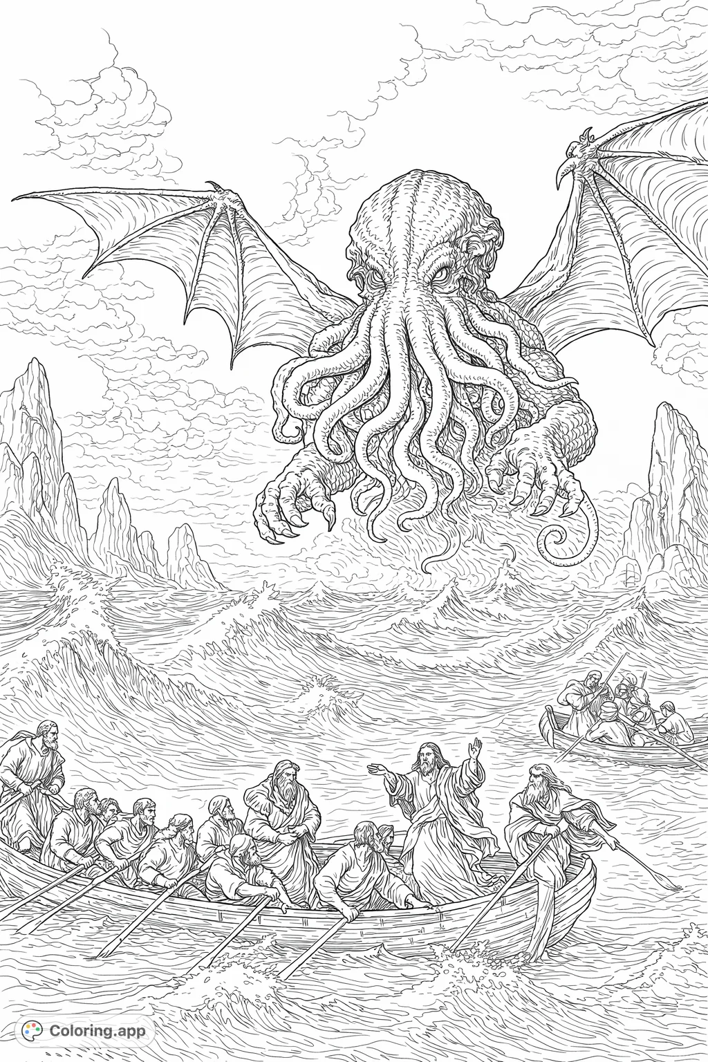 A colossal, winged entity with tentacles looms over a tumultuous sea where people in small boats navigate huge waves amidst jagged rocks. An intricate, challenging design.