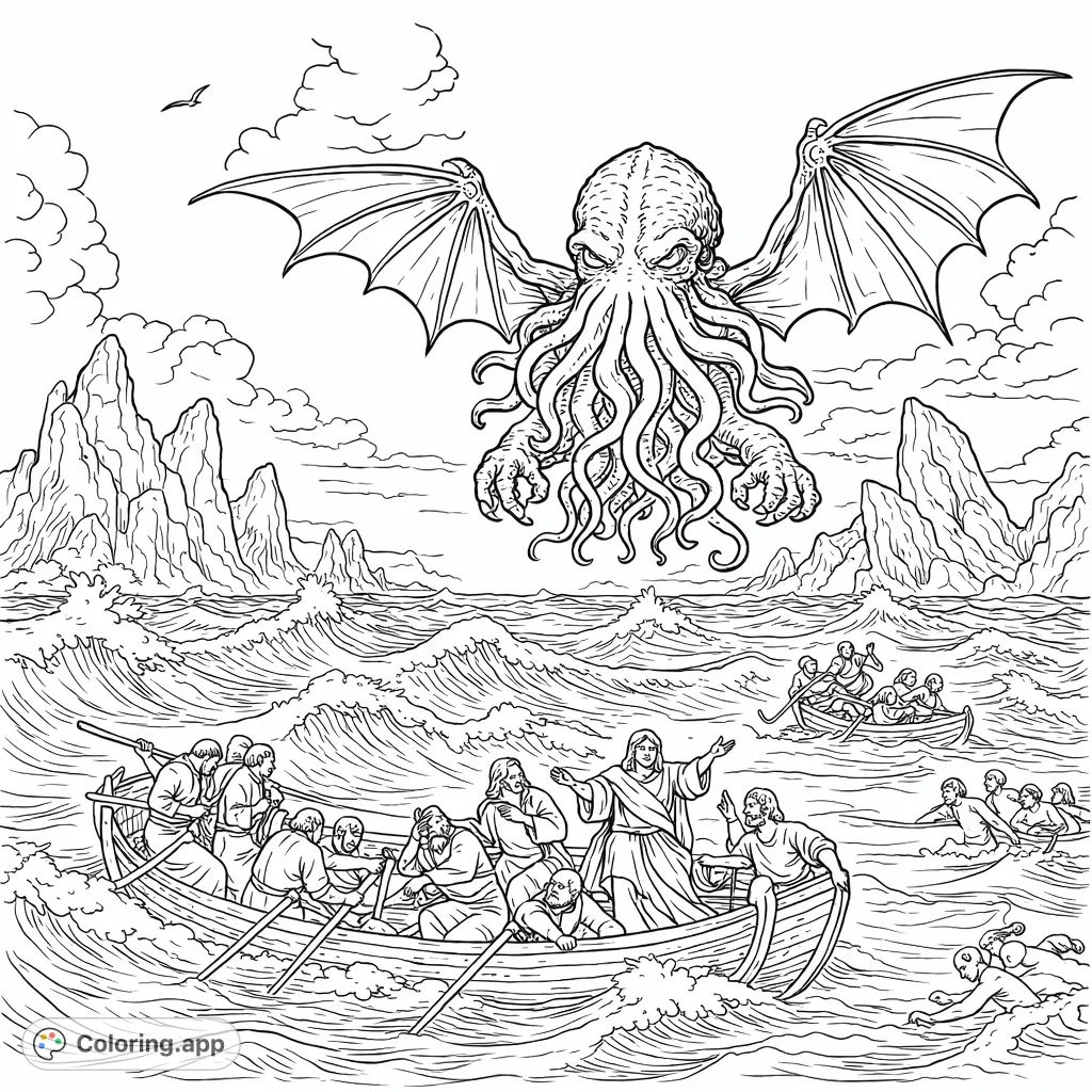 An epic Cthulhu coloring page depicting a monstrous, winged entity towering over small boats battling a tempestuous sea amidst jagged rock formations. A challenging scene for adult colorists.