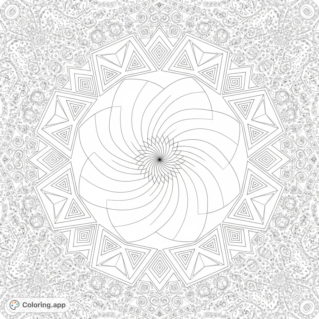 An intricate abstract kaleidoscope coloring page with a mesmerizing spiral flower and geometric patterns, perfect for mindful coloring.