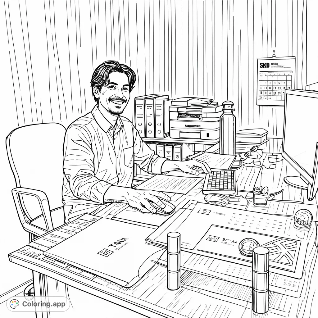 A cheerful office worker sits at a busy desk, surrounded by office essentials, creating a detailed scene perfect for an engaging coloring experience.