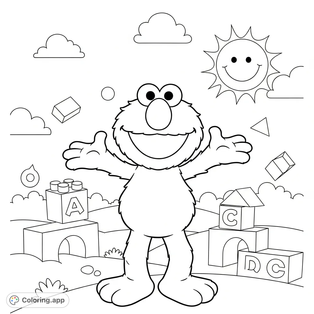 Join Elmo in his whimsical world of building blocks and sunshine! A delightful, free printable Elmo coloring page for kids, perfect for creative fun.