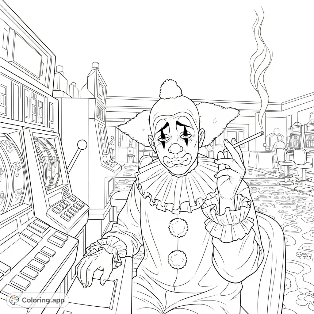 A solitary clown, cigarette in hand, finds a quiet moment at a slot machine amidst the bustling energy of a casino, perfect for detailed coloring.