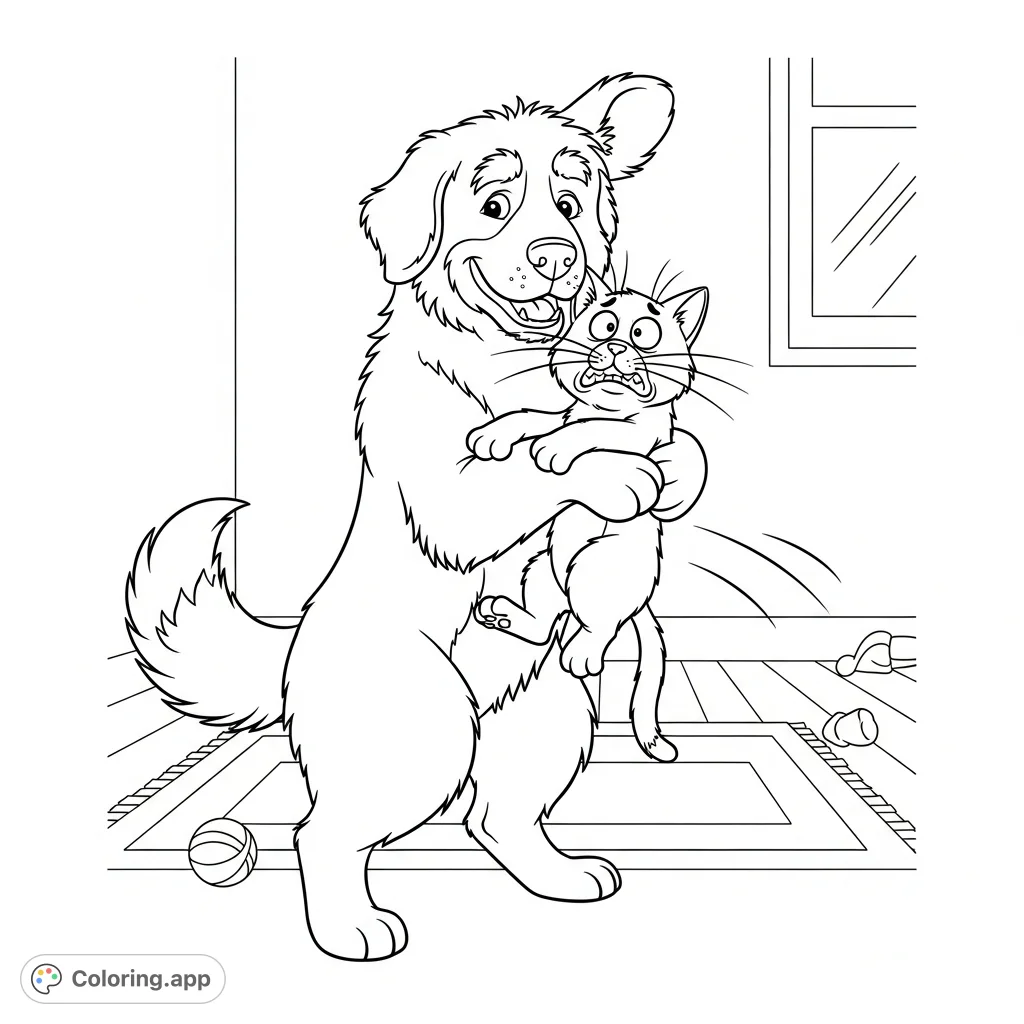 A mischievous dog playfully holds a wide-eyed cat in a lighthearted "hostage" scenario amidst a cozy indoor setting, inviting creative coloring fun.