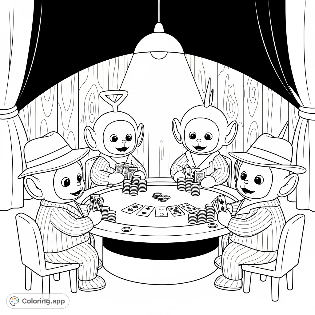 An unexpected Teletubbies coloring page featuring Tinky Winky, Dipsy, Laa-Laa, and Po engaged in a high-stakes poker game, dressed in classic gangster attire.