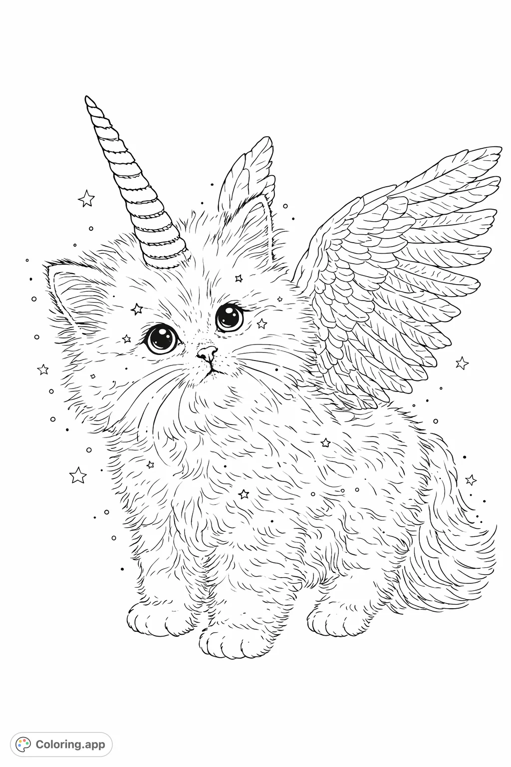 An adorable fluffy kitten adorned with a magical unicorn horn and delicate wings, covered in sparkling accents. A whimsical creature ready for creative coloring.