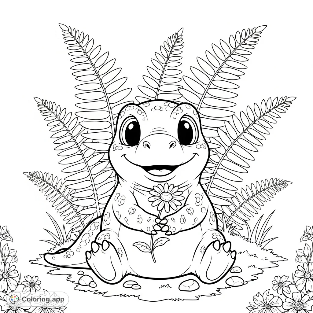 A delightful T-Rex hatchling sits on a mossy patch, holding a daisy. A perfect prehistoric scene for dinosaur enthusiasts to bring to life!