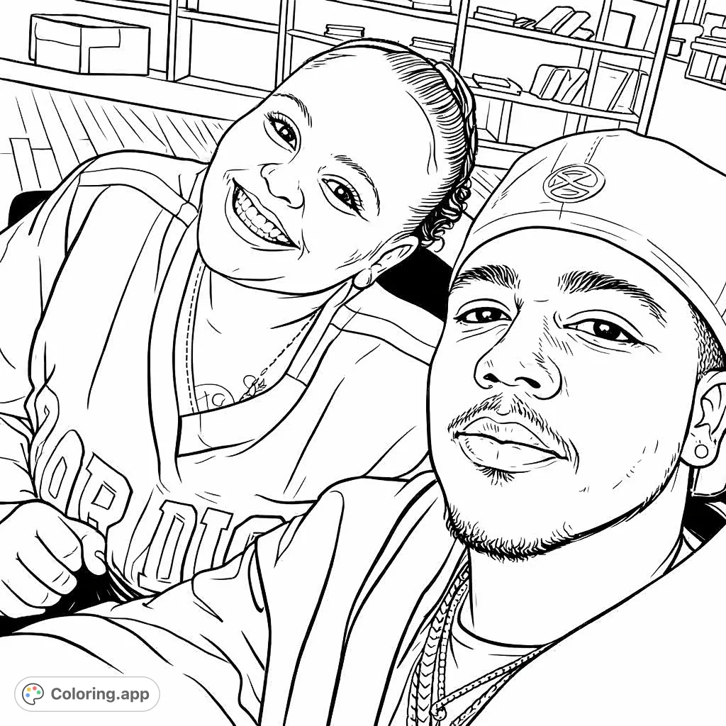 A heartwarming close-up of two smiling friends, capturing a joyful moment with detailed clothing and a cozy background. Perfect for personalizing.