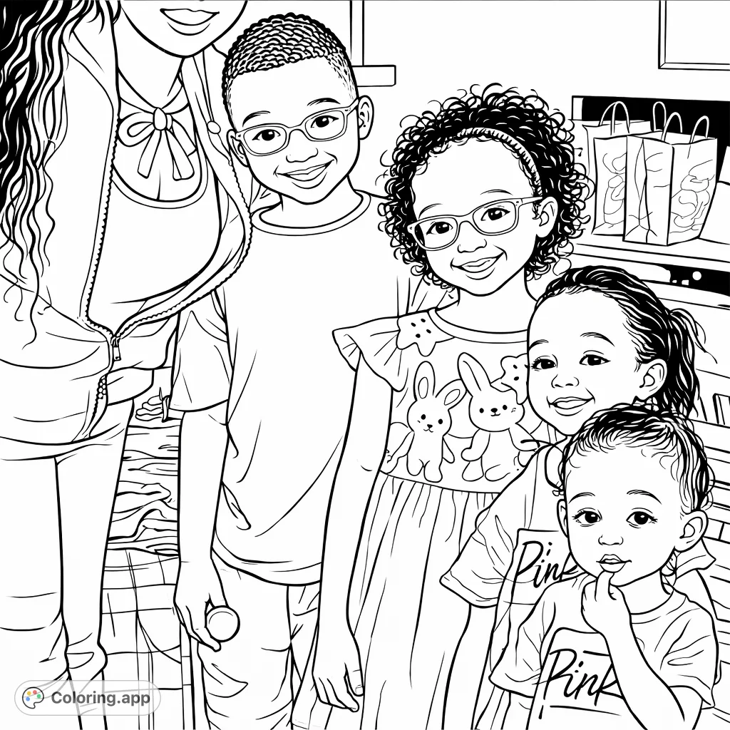 Capture a heartwarming family portrait with four cheerful children and an adult, featuring detailed expressions, clothing, and a cozy indoor setting.