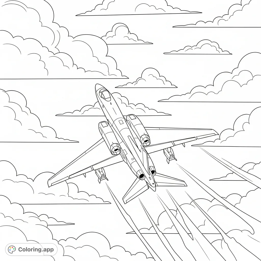 A powerful jet airplane with prominent wings soars through a sky filled with diverse cloud formations, offering an exciting aerial adventure for coloring.
