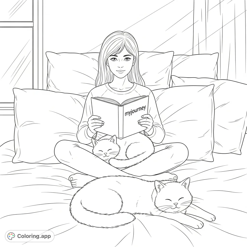 Discover a peaceful reading girl and her feline companions in a cozy bedroom. A charming scene for any age, perfect for relaxation and creativity.