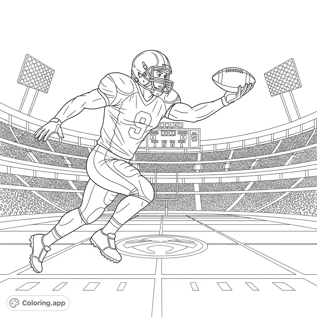 A thrilling America football player coloring page capturing a player mid-catch in a stadium, perfect for sports enthusiasts and aspiring athletes.