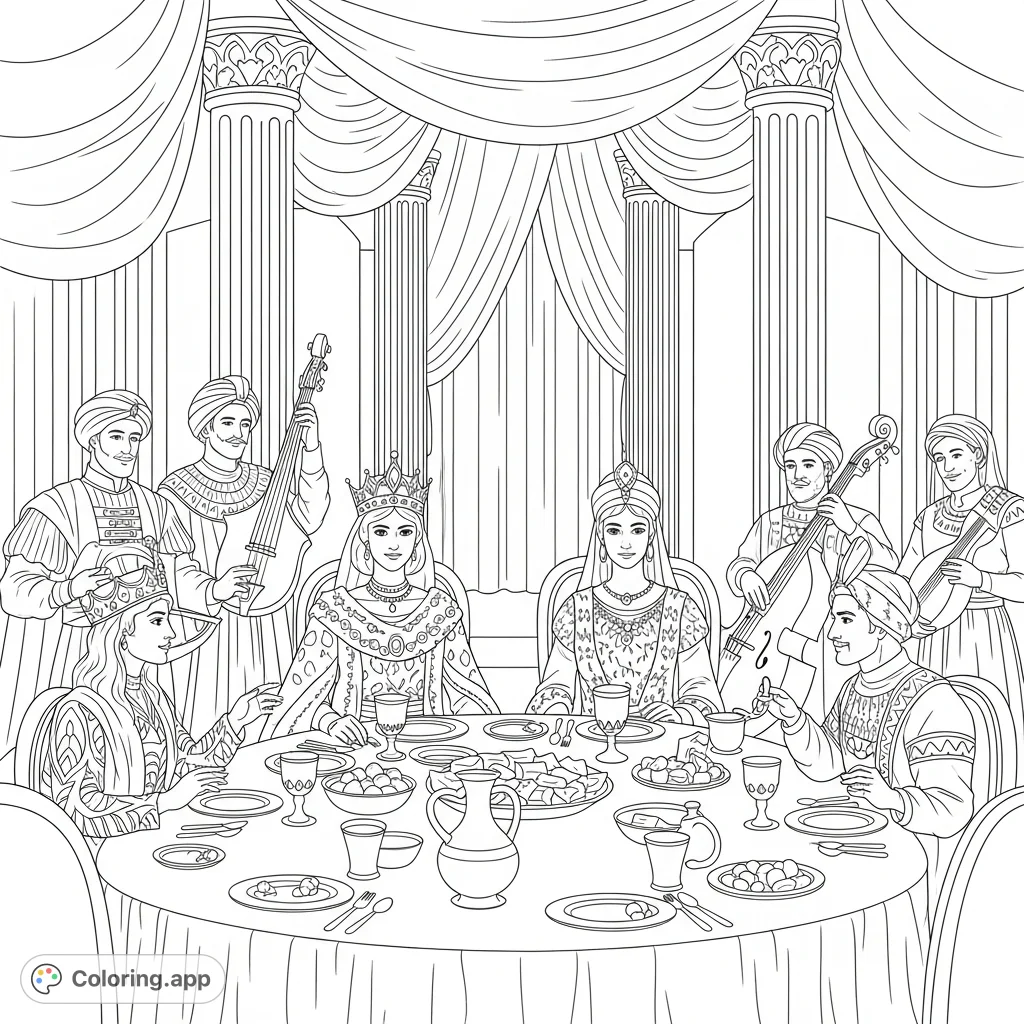 Step into a regal feast with King Achashvarosh and Queen Esther Hamalka in their royal palace, complete with festive music. A historical coloring page adventure.