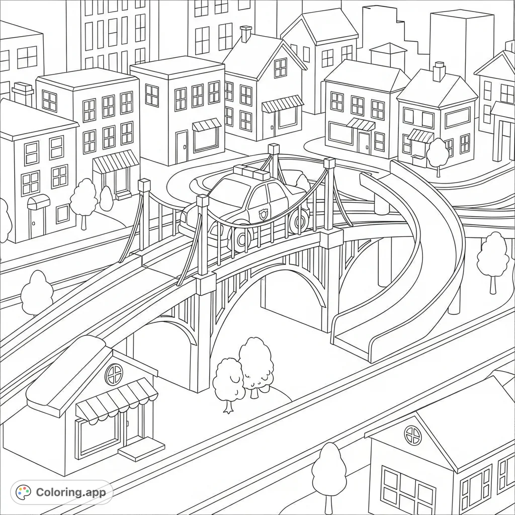 Zoom into a playful toy city featuring a police car on a bridge, a car slide, and a winding race track amidst charming small town toy buildings.