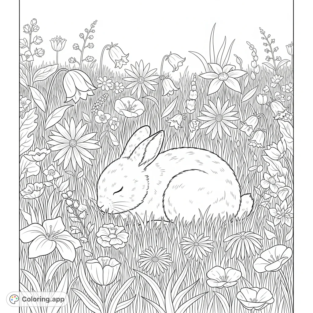 A peaceful bunny rests amidst a lush field of various flowers and soft grass, inviting a serene coloring experience. Perfect for relaxation and creativity.