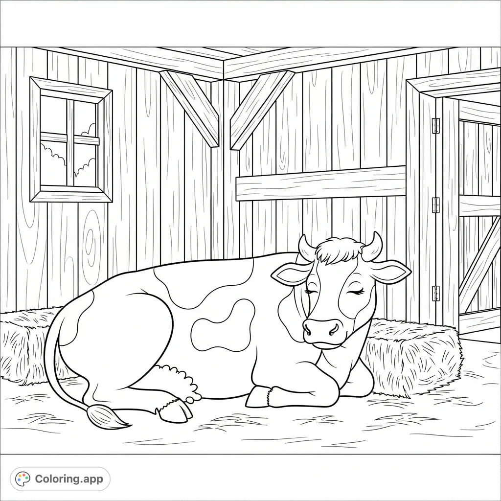 Discover a serene sleeping cow in a cozy barn. This delightful farm animal coloring page offers simple shapes for a relaxing coloring experience.