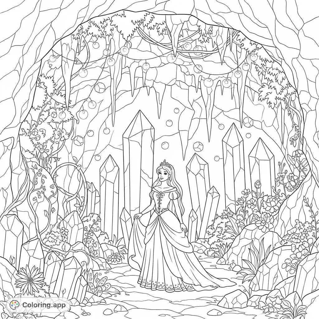 A regal fairy tale princess within a dazzling crystal cave, surrounded by magical garden elements and whimsical fairy lights. A truly enchanting fantasy scene.