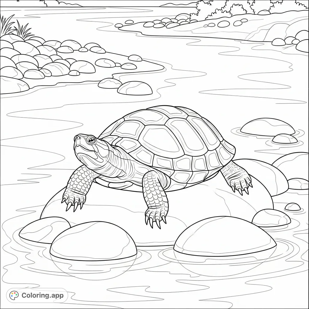 A tranquil turtle sunbathes on smooth rocks in a peaceful river scene. A relaxing nature coloring page for all ages.
